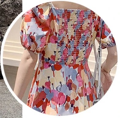

Fashion Lady Dress Puff Sleeve Slotted Collar Chiffon Floral Vestidos Elegant Temperament Dress Summer 2020 New L272