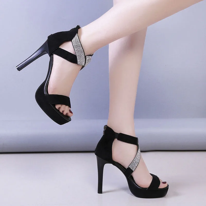 

2021 Summer Waterproof platform high heels sandals women's new cross belt water drill thin heels women's Roman shoes Black 34-40