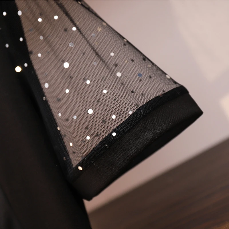 

5XL Plus Size Women Elegant Mesh Sequin Dress Summer 2021 Fashion Notched Collar Short Sleeve Patchwork Asymmetric Dresses Black