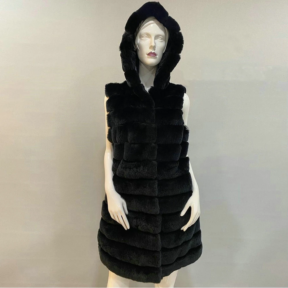 Fashion Women Real Rex Rabbit Fur Vest with Hood Thick Warm Fur Overcoat Luxury Color Patchwork Rex Rabbit Fur Gilets Mid-length