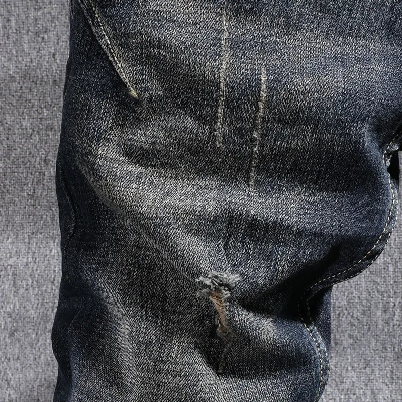 European Street Fashion Men Jeans Retro Distressed Washed Slim Fit Ripped Jeans Men Spliced Designer Hip Hop Denim Punk Pants