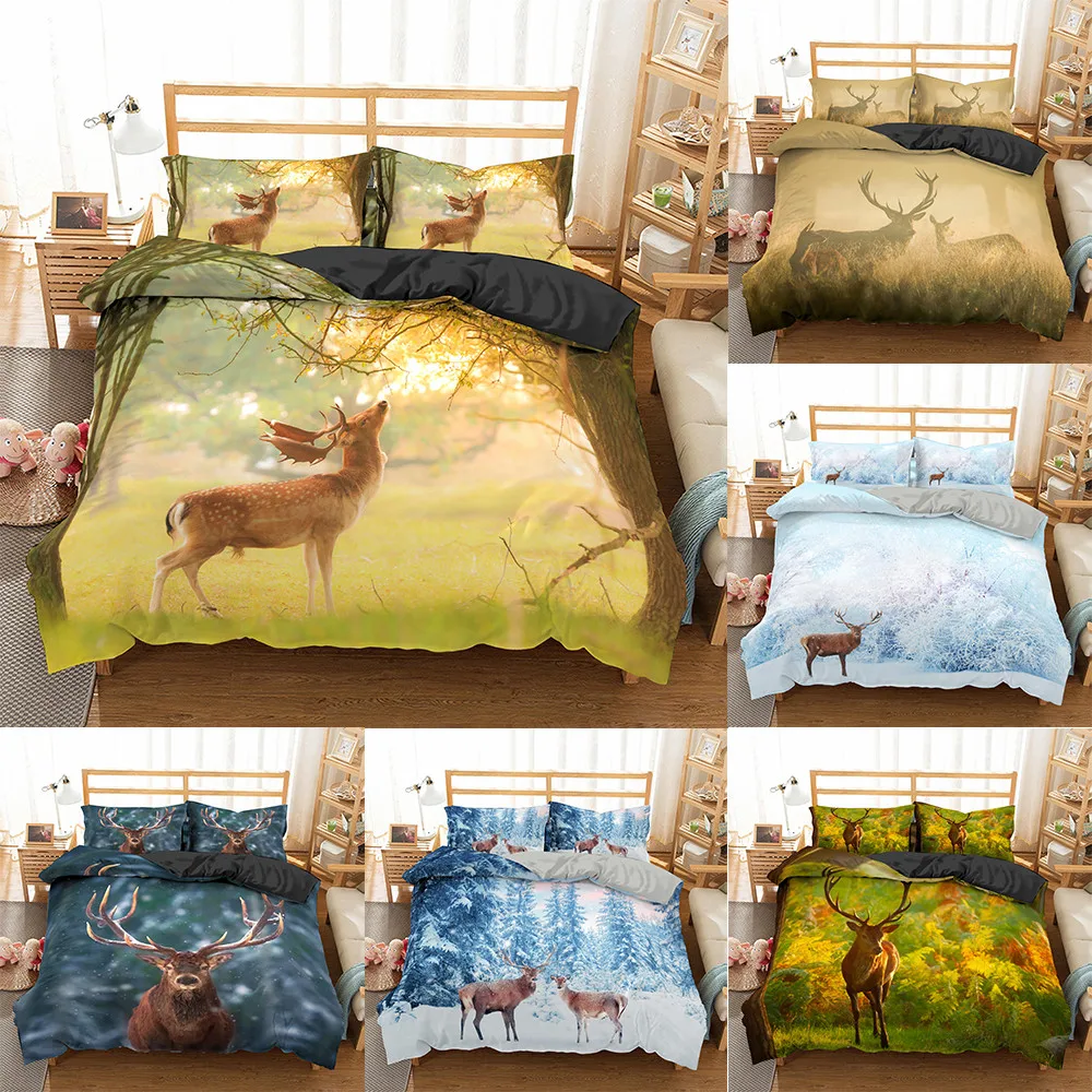 

2021 3D Deer Bedding Set Luxury Soft Duvet Cover King Queen Twin Full Single Double Bed Set Pillowcases Bedclothes
