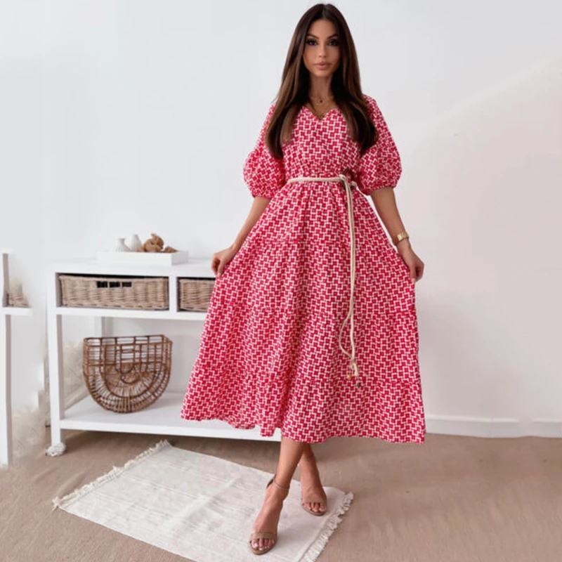 

Midi Puff Sleeve V Neck Long Summer Loose Floral Print Women's Dress 2021 Lady Casual Elegant Belt Feminine Beach Party Dresses