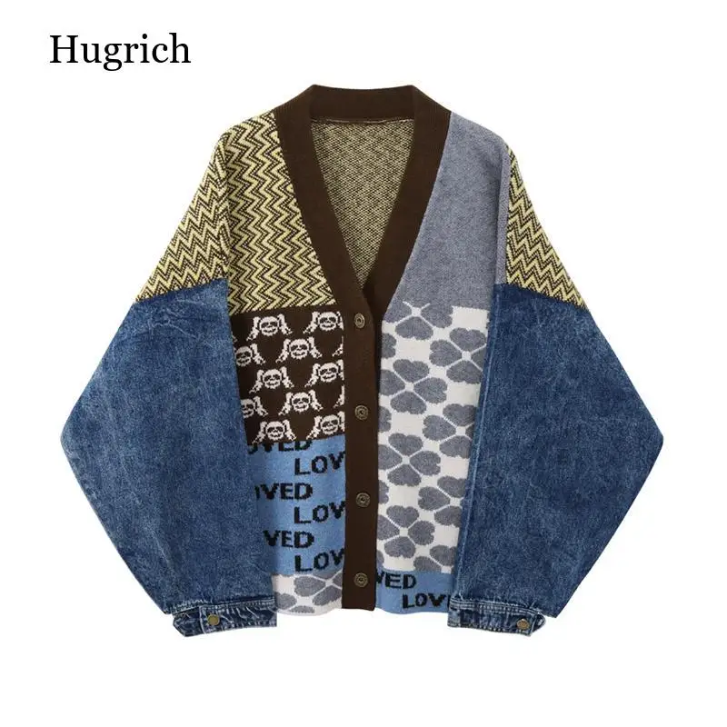 

Vintage Knitted Cardigan Women Patchwork Denim Jacket V Neck Long Sleeve Casual Loose Outwear Ladies Tops