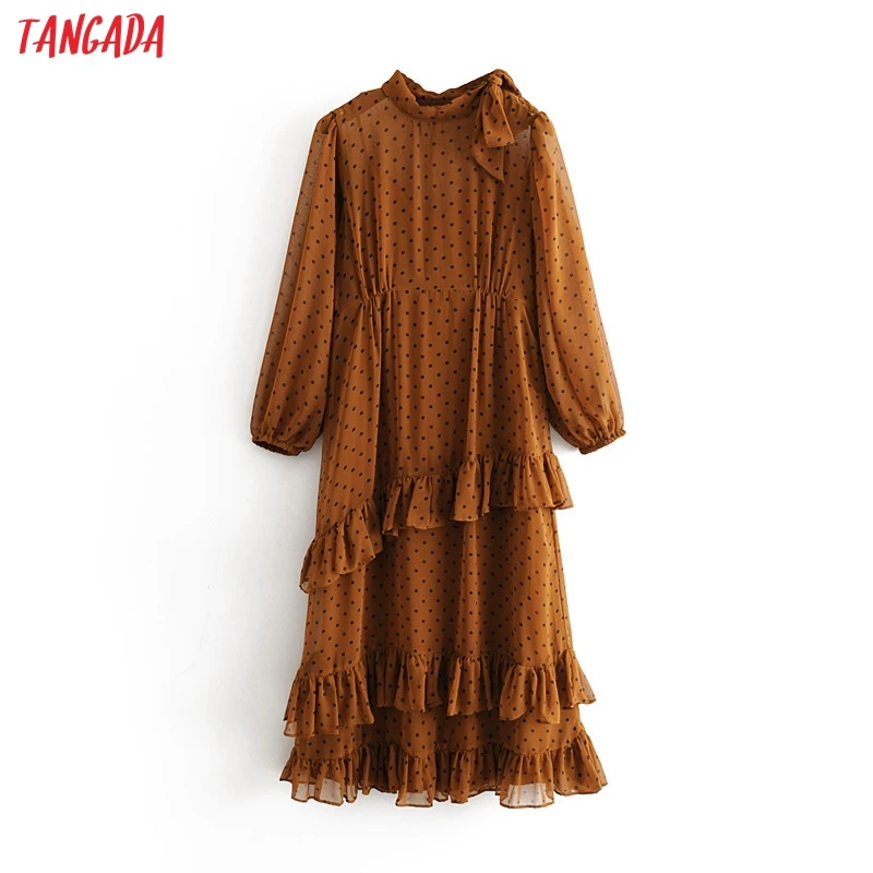 Tangada женское элегантное платье в горошек с длинным рукавом корейская мода с рюшами офисные женские платья средней длины 3H56
