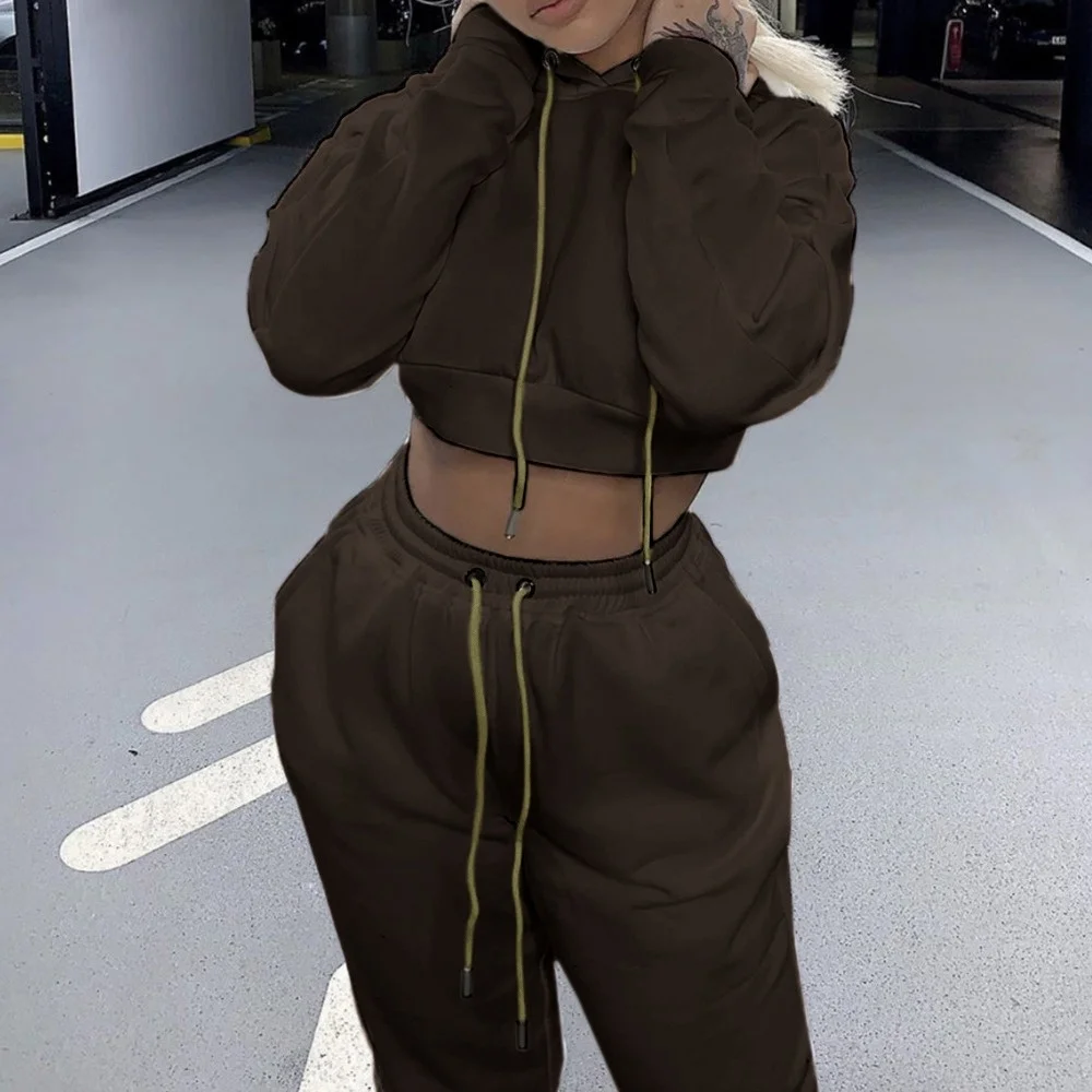 

Tracksuit 2pcs Women Set Hoodies Crop Top Jogger Pants Hooded 2 Pieces Clothing Suits Female