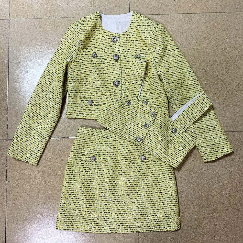 

2021 new women sexy long-sleeved button yellow 3-piece mini suit celebrity designer fashion high street party suit