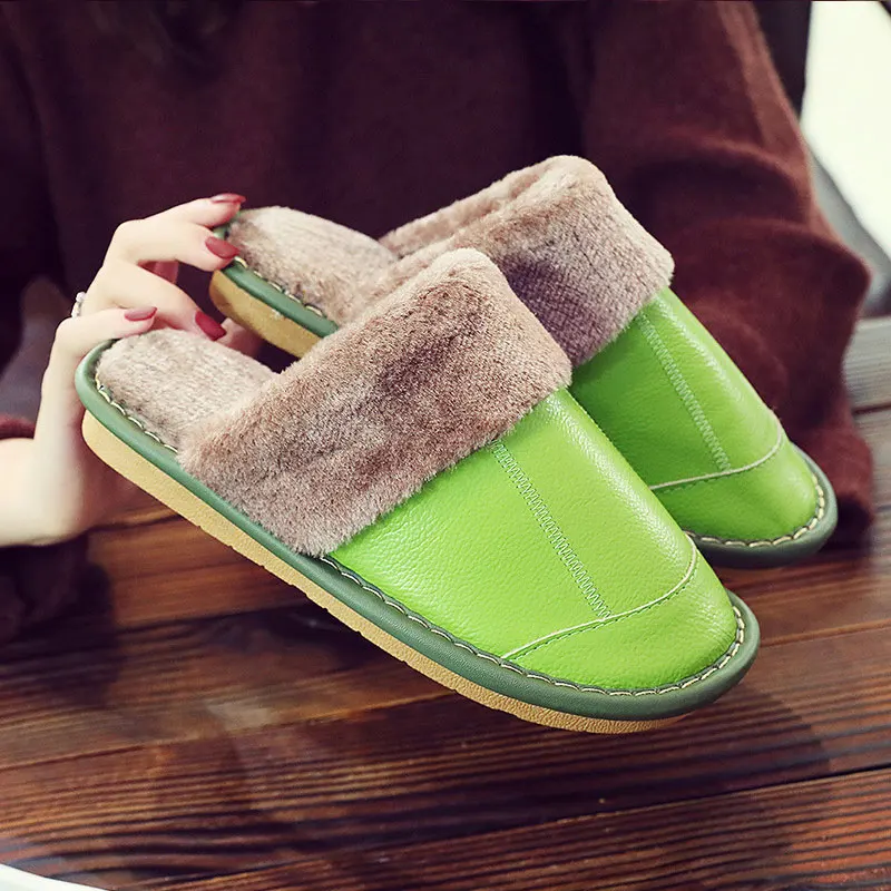 

Women's Slippers Genuine Leather Slippers Home Velvet Short Plush Slippers Soft Comfy Waterproof Indoor bedroom Shoes for Woman