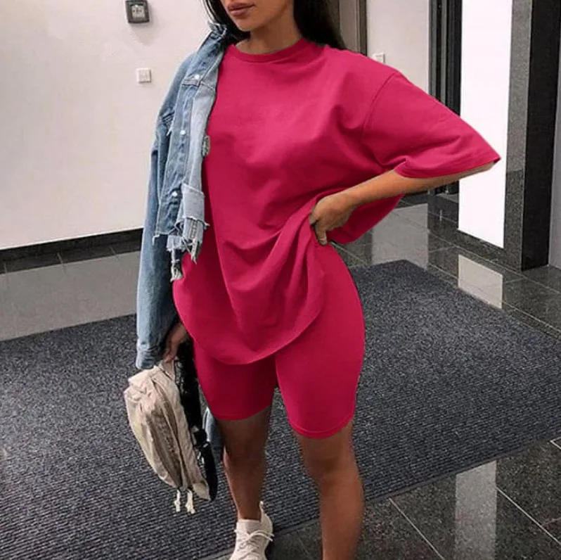 

Two Piece Short Sets Women Summer Casual Solid Loose Tops+Short Suits Female Fashion Sport Tracksuits Bicycle Shorts Homewear