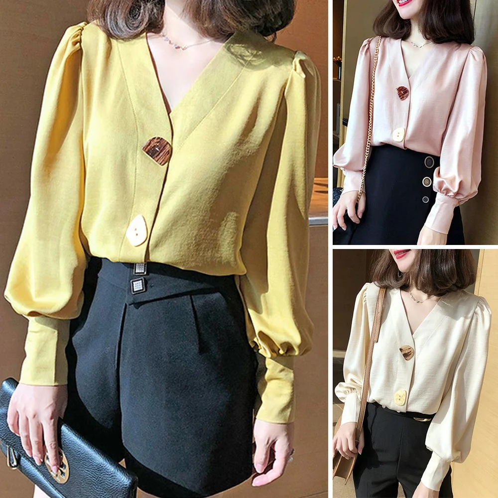 

Women V Neck Cotton Blouse Lantern Short Sleeve Button Business Wear Casual