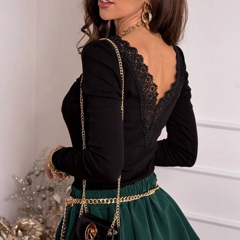 

2021 Spring Women Fashion Solid Blouse Shirts Elegant Embroidery Lace Slim Tops Lady Casual Backless Long Sleeve O-Neck Pullover