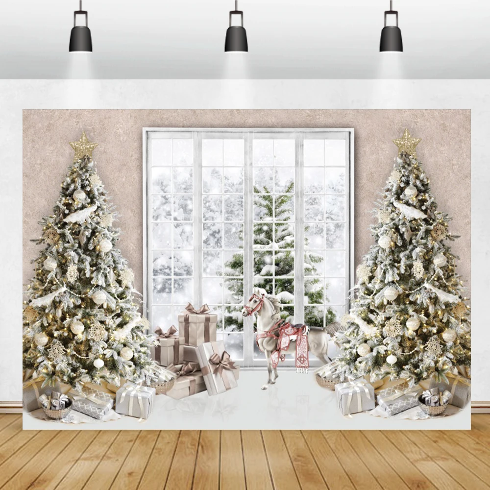 

Winter Christmas Backdrops For Photography Toy Horse Pine Trees Gifts French Windows Forest Snowscape Child Photo Background