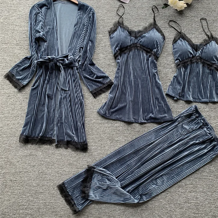 

4PCS Sleep Set Women Velour Pajamas Suit Pink Sleepwear Home Clothing Night Wear Velvet Autumn Winter Homewear Intimate Lingerie