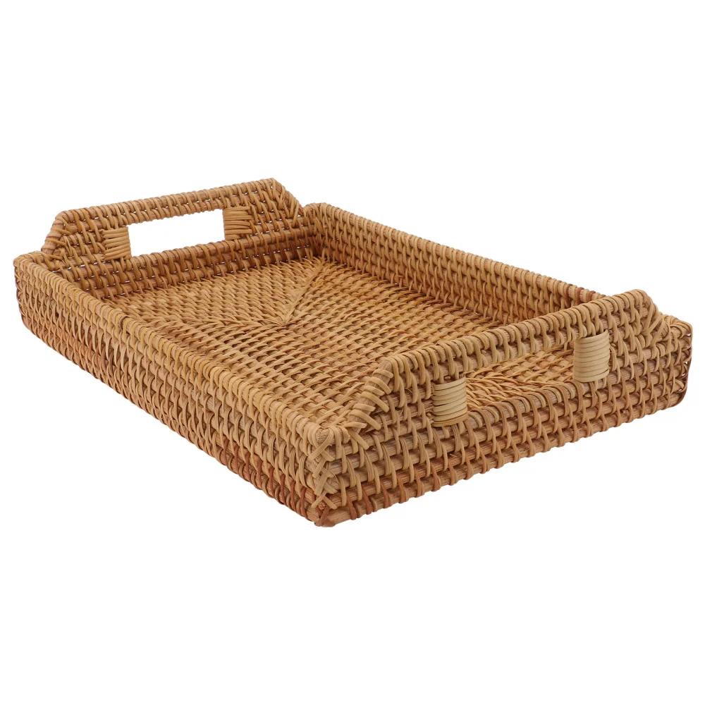 

1pc Dual-handle Design Food Service Tray Rattan Woven Food Tray Food Plate