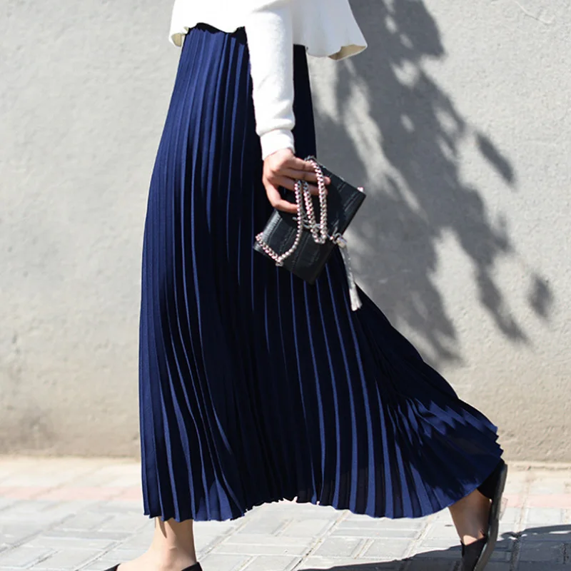 Navy-Blue Qiuxuan, женские макси одноцветные юбки, Весенняя эластичная плиссированная юбка с высокой талией, юбка длиной до щиколотки, женские повседневные юбки, разные цвета - Цвет: Navy-Blue
