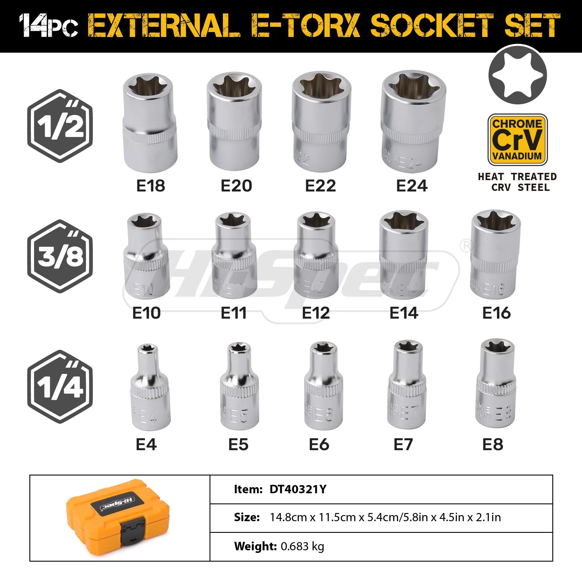 Hi-Spec 14pc E звездообразная гнездо набор 1/4 3/8 1/2 E4-E24 женский звезда Stocket крутящий
