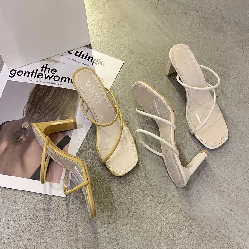 

Transparent sandals female 2020 summer new fairy style square head thick heel open toe high heel sandals and slippers X142