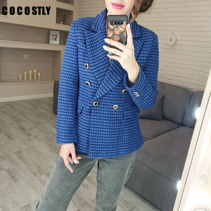 Женский двубортный приталенный Блейзер винтажный пиджак из твида в клетку с