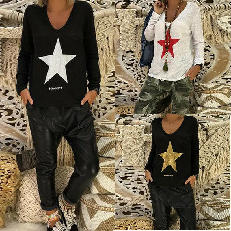 

Hot Fashion Women T-Shirt Ladies Summer Casual Star Printed Long Tops Tee Girls Long Sleeve T-Shirt Outwear New