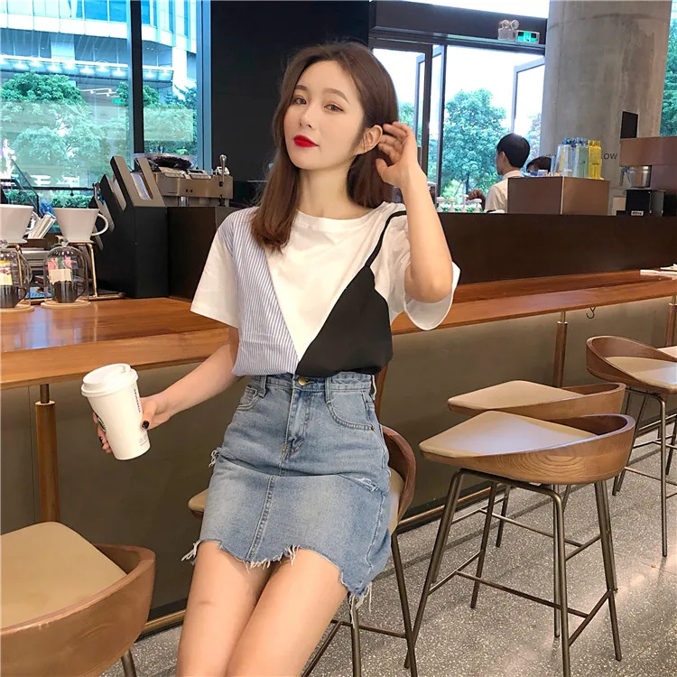 

Summer 2020 Korean T Shirt Women Striped Patchwork Tops Harajuku Woman Clothes Graphic Tees Kawaii T-shirts