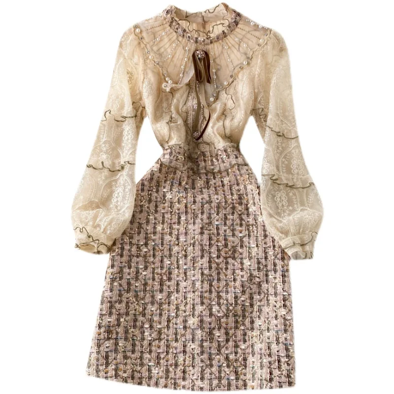 

Fashion Nail Bead Lace Splicing Dress 2022 Spring New Women's Dress Mesh Ruffles Patchwork Sequins Tweed Woolen Bodycon Dresses