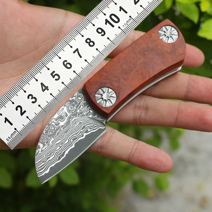 

Mini Folding Knife Damascus Steel Pocket Outdoor Knife Camping Knife Natural Thicken Red Shadow Wooden Handle Survival Tool Gift