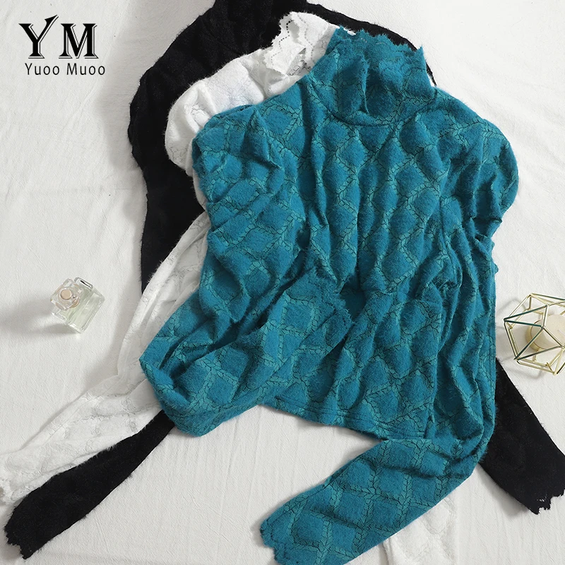 

YuooMuoo женские топы 2021 новая зимняя Водолазка пуловер блузка рубашки элегантные кружевные женские блузки с длинным рукавом-фонариком