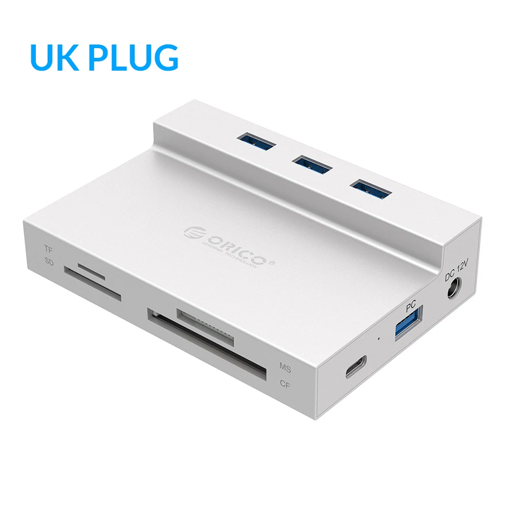 ORICO USB 3,0 концентратор к мульти USB3.0 RJ45 карты памяти SD/TF MS/CF Тип C разделительная карта считывания док-станция с Мощность адаптер для компьютера аксессуары - Цвет: Sliver UK Plug
