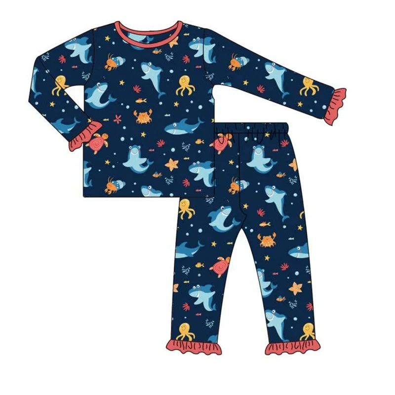

Autumn Clothes Navy Blue Long Sleeve Top And Red Lace Trousers Shark Octopus And Crab Print Pattern Girls Pajamas
