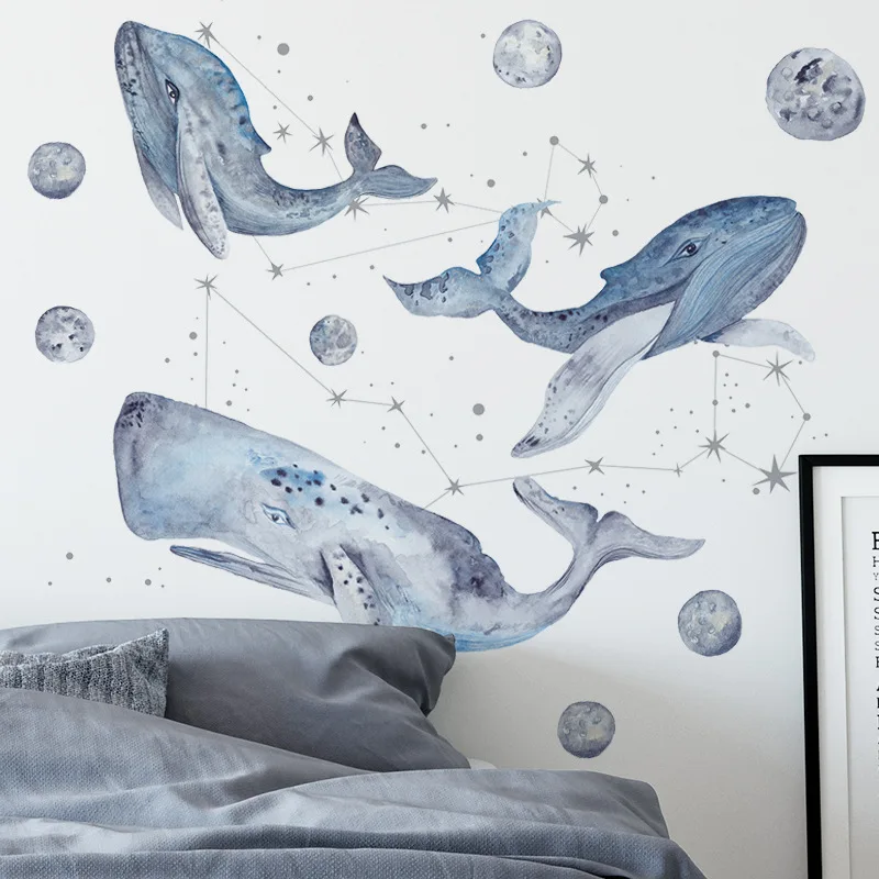 

Hand drawn starry blue whale wall stickers kids room bedroom decoration mural home decor creative living room stickers wallpaper