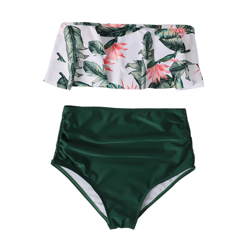 

Женский купальник-бикини с высокой талией, пуш-ап, оборками и цветочным принтом, бандо, размера плюс, большие размеры