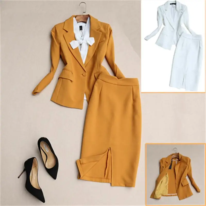 

Модный деловой костюм, женский осенний новый высококачественный маленький костюм, пиджак + юбка с высокой талией, офисный костюм из двух пре...