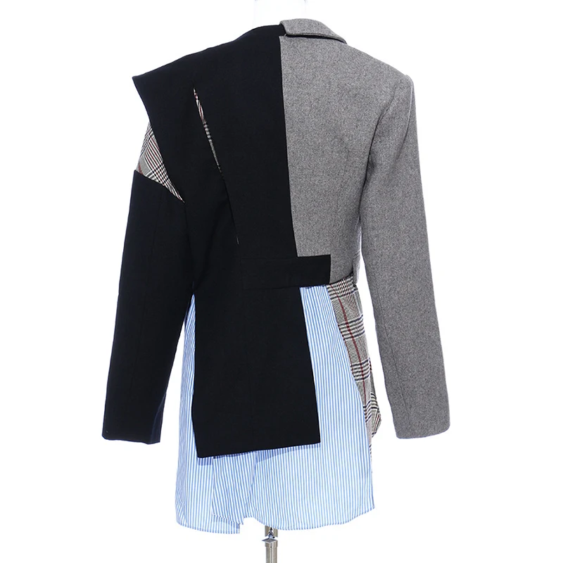 

JCHB 2021 Colorblock Wool Blazer Women Single Long Button Asymmetrical High Street Blazer Coat