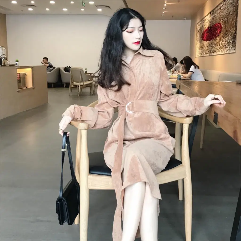 

Women Corduroy Solid DressNew Autumn Winter Female High Waist Turn Down Collar A-Line Long Dresses With Sashes