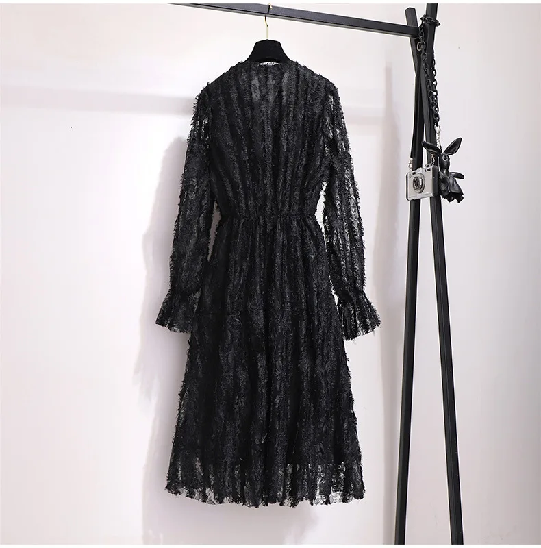5XL 6XL осеннее женское кружевное платье большого размера, повседневное офисное женское платье с длинным рукавом большого размера, элегантные черные кружевные вечерние платья