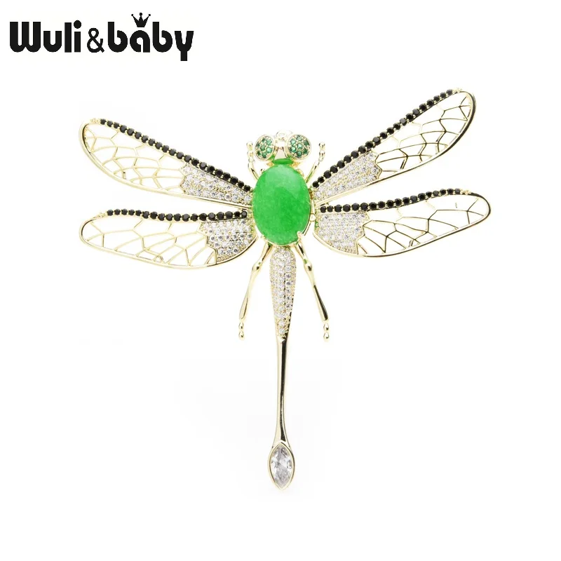 Wuli&baby зеленый камень роскошная стрекоза броши для женщин циркон подвижные крылья