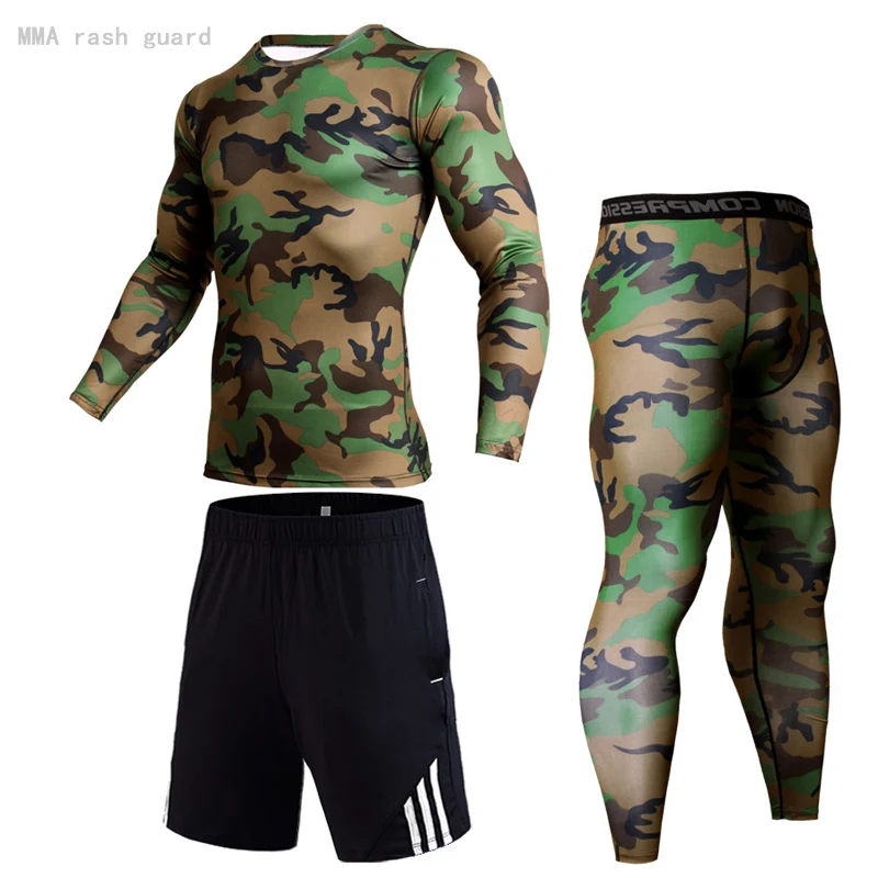 

Workout Clothing 4-pc /Set of Men's Sportswear Compression Underwear Sports Tight Dark Grey Camouflage Tracksuit Sweat Suit Set