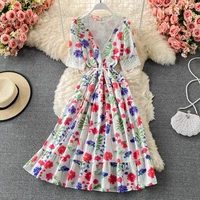 french retro floral dress 2021 summer new style slim waist thin western round neck lacehollow stitching large swing dress