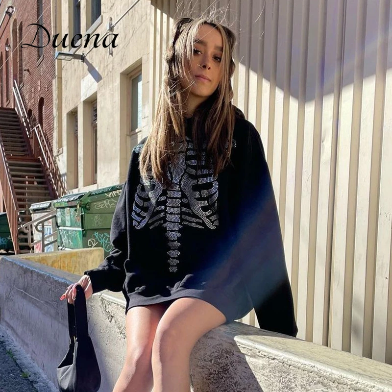 

Duena Rinestone Hoody Sweatshirts Black Y2K Grunge Streetwear Autumn Woman Long Sleeve Baggy Oversize Hoodie Winter Tops