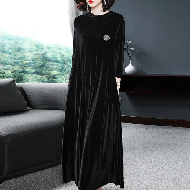 

Women Autumn Winter maxi velour Dresses - Turtleneck Sexy elegant Korean velevt Dresses Vestidos Crystal brooch