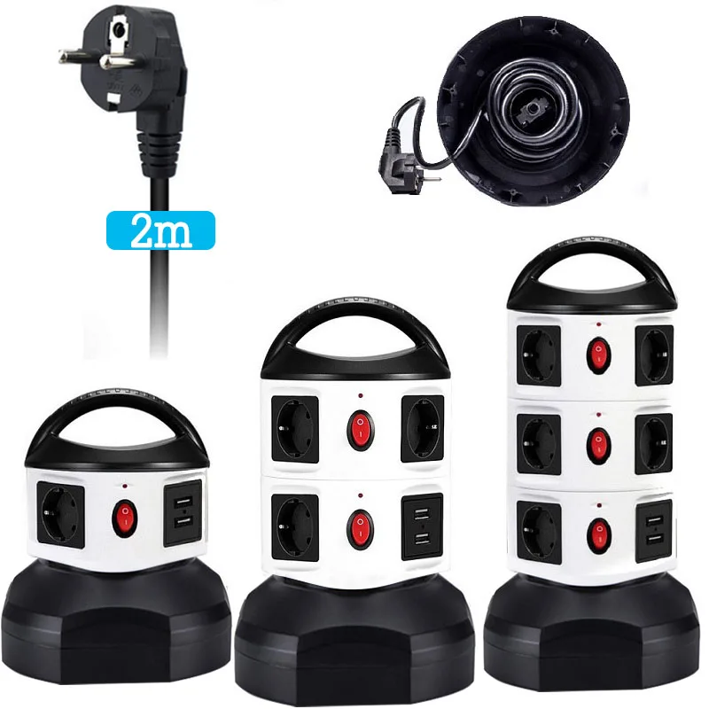 

Vertical Tower Power Strip Overload Protection 3/7/11Ways EU Socket Outlet 2USB Ports Extension Socket EU Plug 2M Power Cord