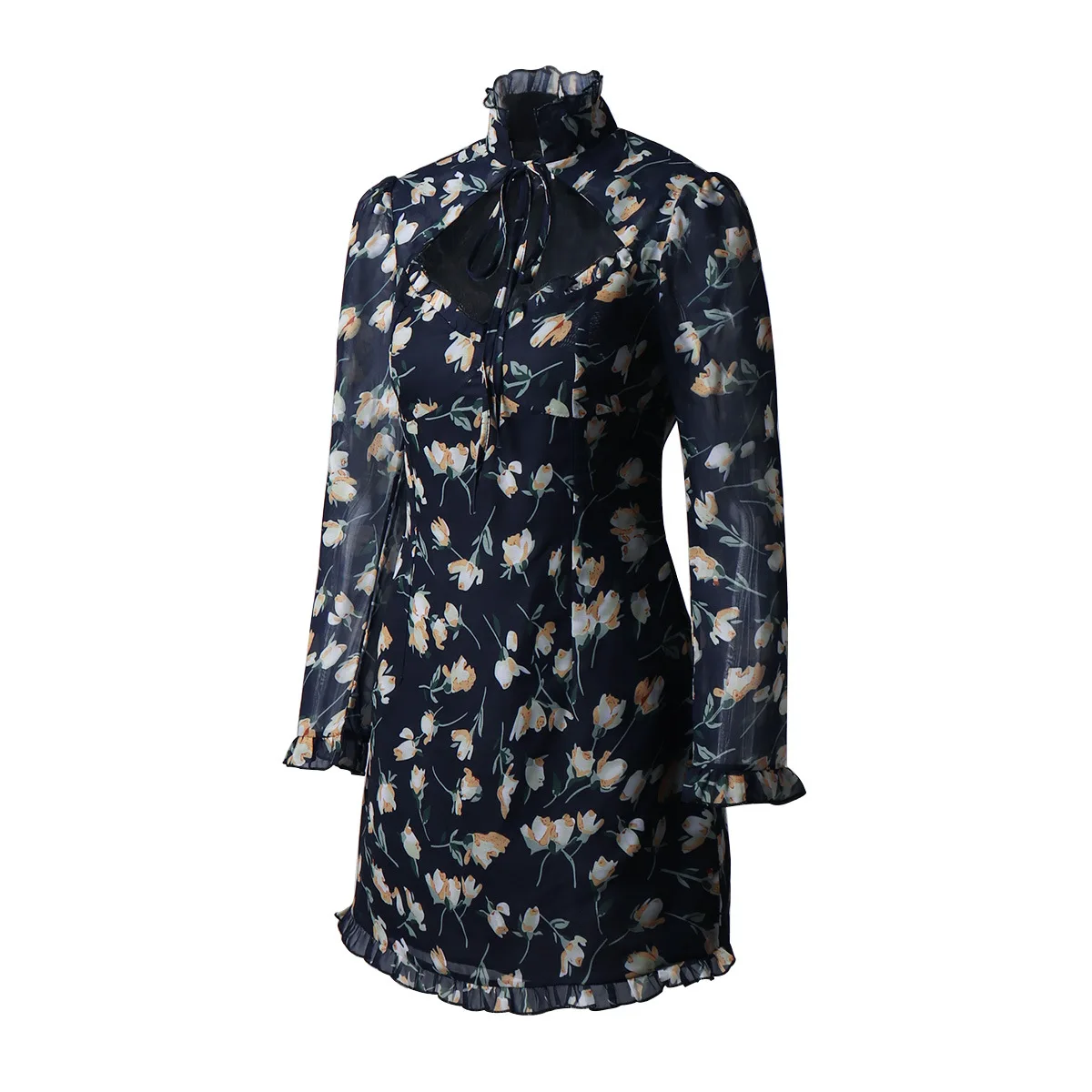 

Long Sleeve Dress High-Neck Low-Cut Lace-Up Dresses Sexy Club with Floral Ears Vintage Boho Clothing
