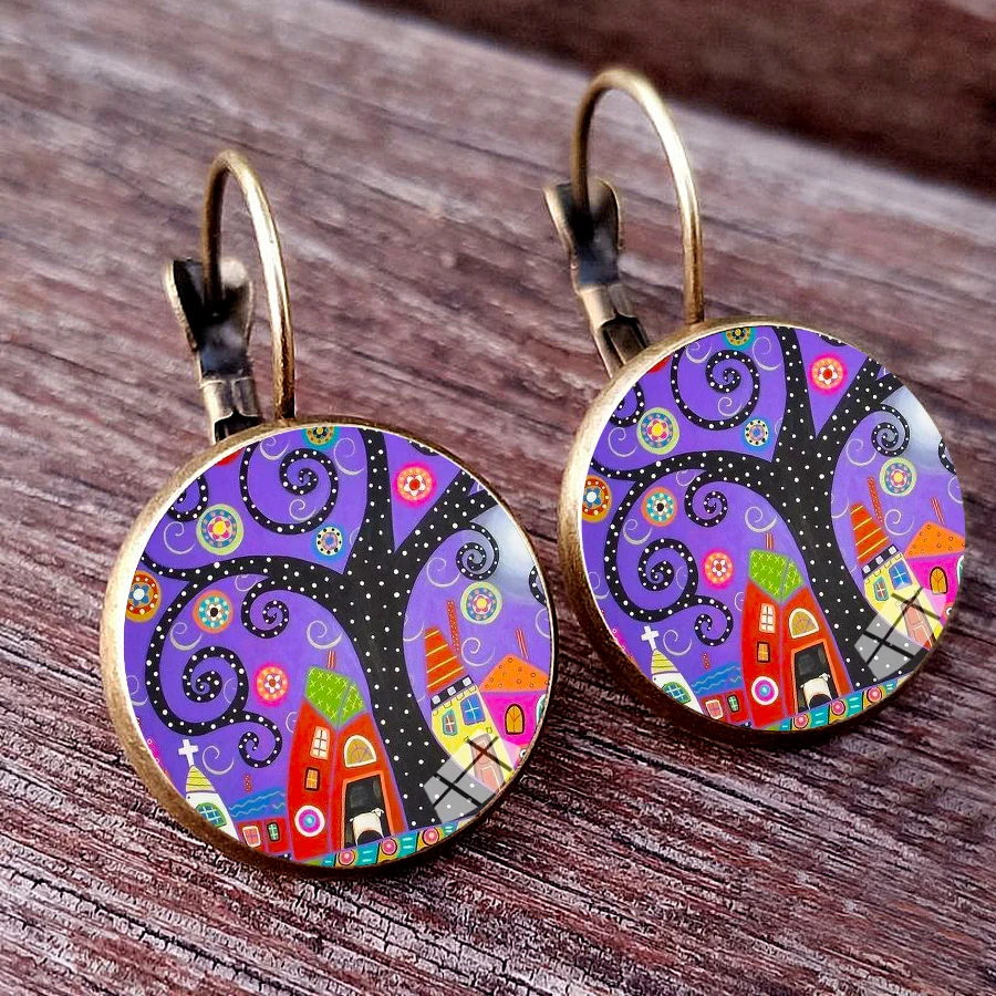

New Arrival Colorful House and Tree Women Stud Earring Abstract Oil Painting House Glass Cabochon Womens Earrings