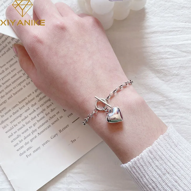 

XIYANIKE New FashionSilver Color Bracelet for Women Couples Vintage Handmade LOVE Heart Pendant Party Jewelry Gifts