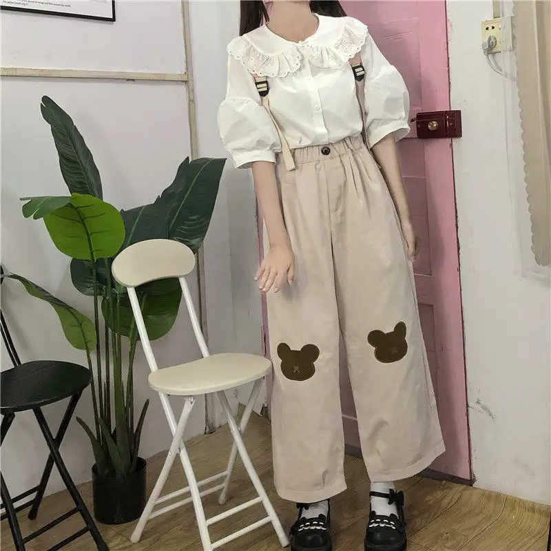 

Women Ankle-length Casual Pants Cartoon Embroidery Elastic Waist Kawaii Streetwear All-match Lovely Ulzzang College Japan Style
