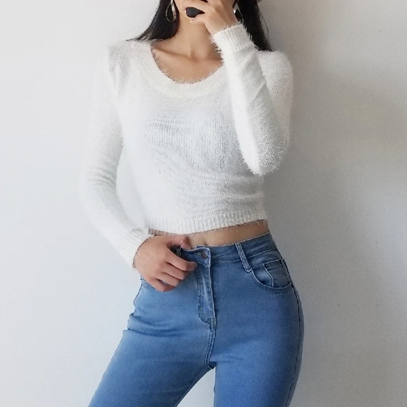 Женский облегающий эластичный короткий пушистый пупок с высокой талией пуловер