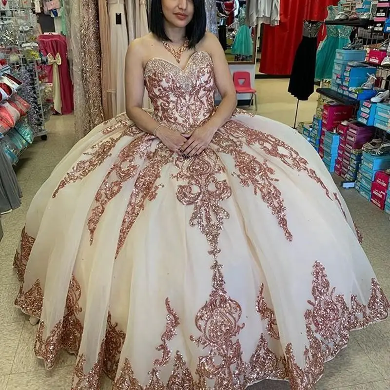 

Rose Pink Sparkly Ball Gown Quinceanera Dresses with Dechable Sleeves Sweetheart Tulle Lace Applique Sweet 16 Dress Party Wear