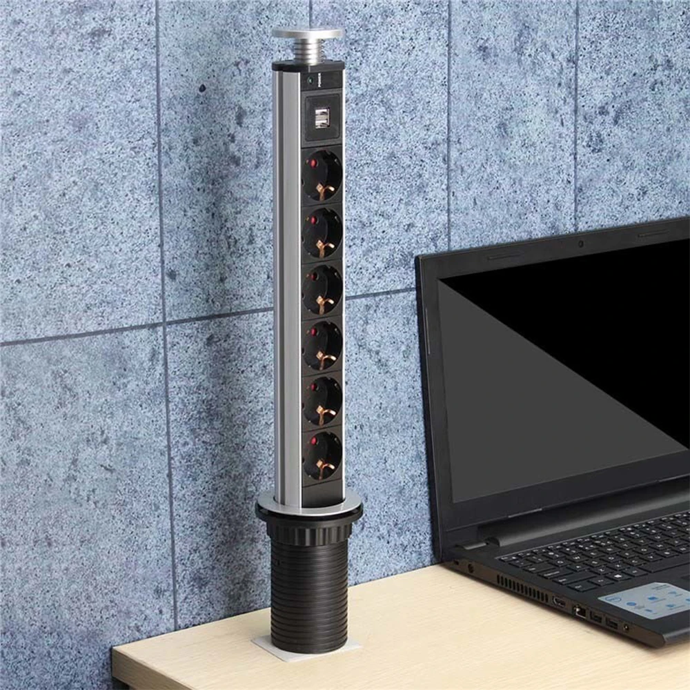 3/4/5/6 Power EU Plug Electrical Socket With 2 USB Ports Recessed Strip Outlets Aluminium Alloy Shelf Station |