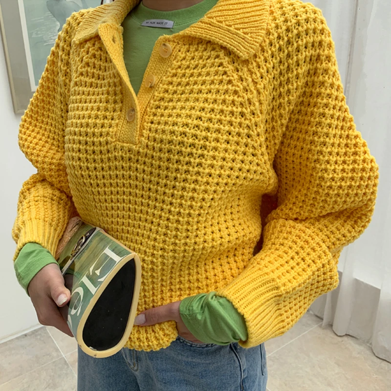 Flectit Bright Solid Color Long Sleeve Half-Button Lapel Collar Jumper Women Sweater Casual Chic Loose Pullovers Knit Tops * | Женская