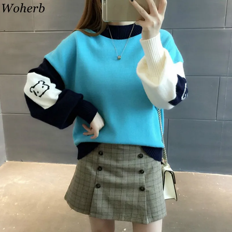 Woherb Harajuku контрастный цвет женский свитер пуловеры Свободные фонари рукав Femme джемпер корейский милый вязаный зимний толстый Одежда